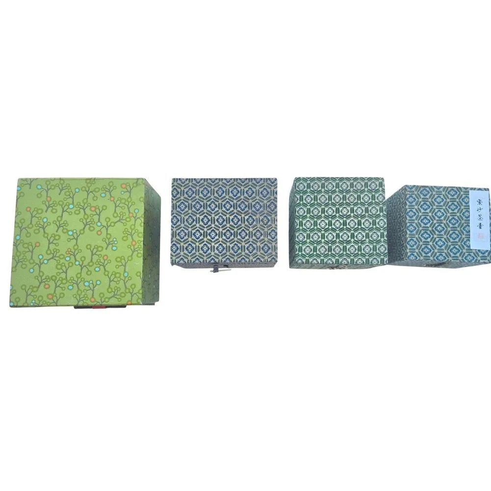 4 Vintage chinese cloisonne tea or writing gift boxes green blue asian fabric